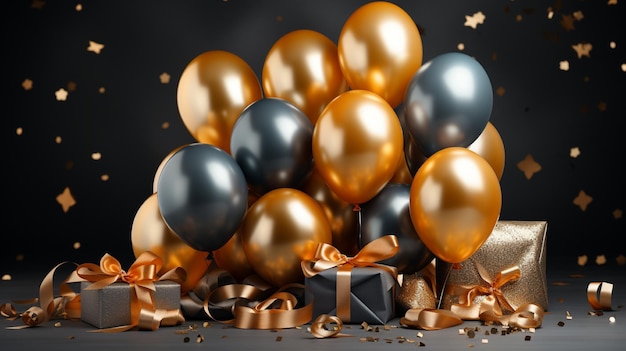 куча воздушных шаров с золотыми и черными воздушными шарами и коробка с золотой лентой