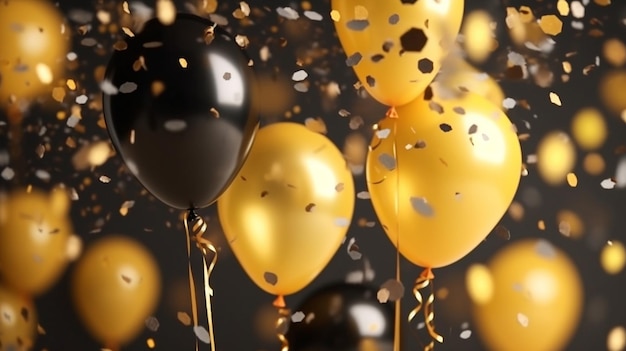 a bunch of balloons with gold and black balloons and confetti.