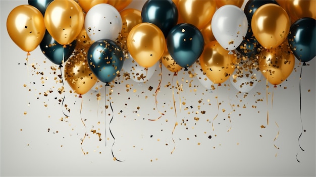 a bunch of balloons with gold and black and white colors with a gold background.