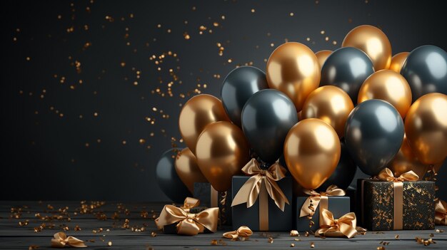 a bunch of balloons with gold and black and white decorations