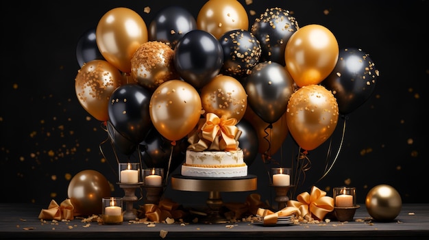 a bunch of balloons with gold and black and white decorations