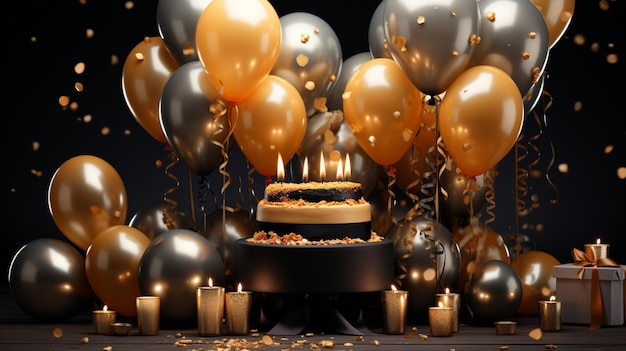 a bunch of balloons with gold and black and white decorations