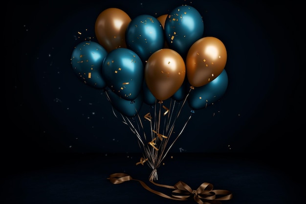 A bunch of balloons with gold and blue on a dark background