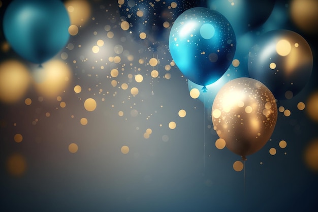 Un mazzo di palloncini con glitter oro e blu sul fondo