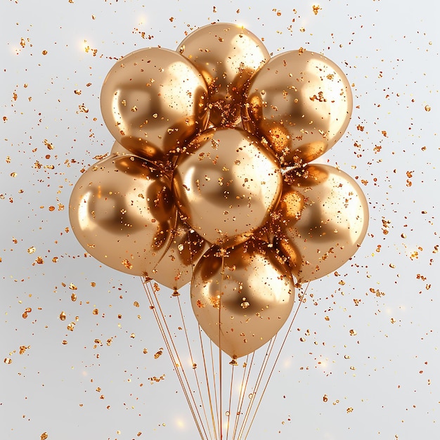 a bunch of balloons with gold glitter and sparkles in the background
