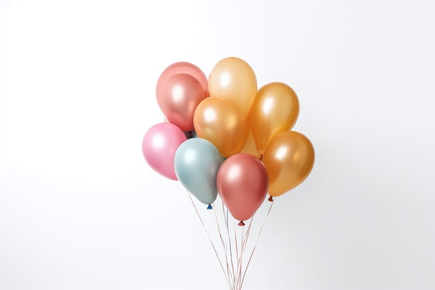 A bunch of balloons with one being held by a white background