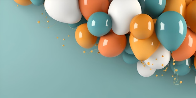 Куча воздушных шаров с оранжевыми и белыми шариками на синем фоне