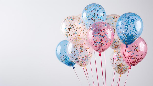 a bunch of balloons with a pink and blue one that says  happy birthday