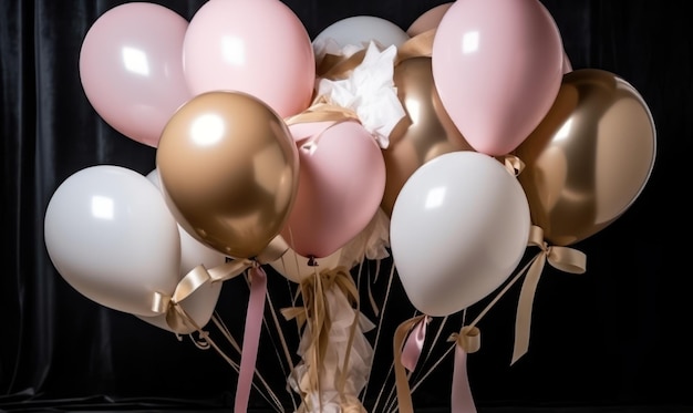 A bunch of balloons with pink and gold balloons on a black background