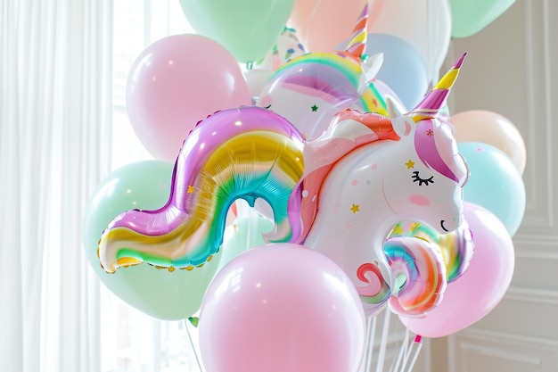 Photo a bunch of balloons with a unicorn print floating in the air creating a vibrant and playful atmosphere unicorn and rainbow designs on birthday balloons ai generated