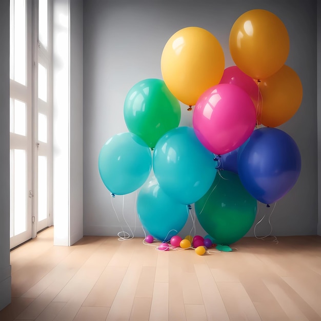 a bunch of balloons with a window behind them
