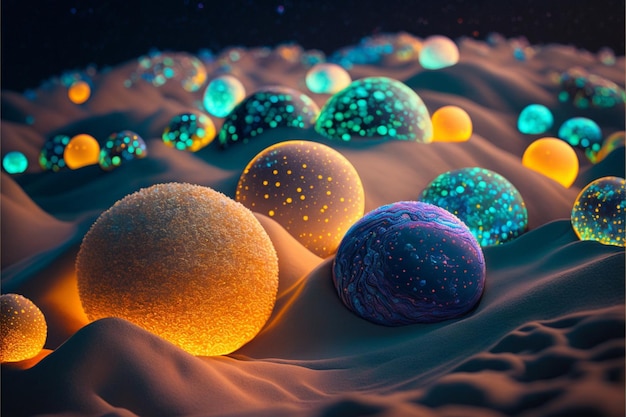 Bunch of balls sitting on top of a sandy beach generative ai