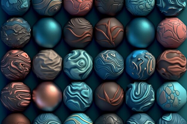 A bunch of balls with different colors and shapes