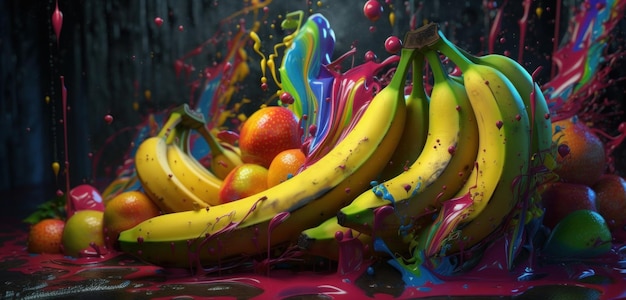 A bunch of bananas are in a bowl with a spray of paint.