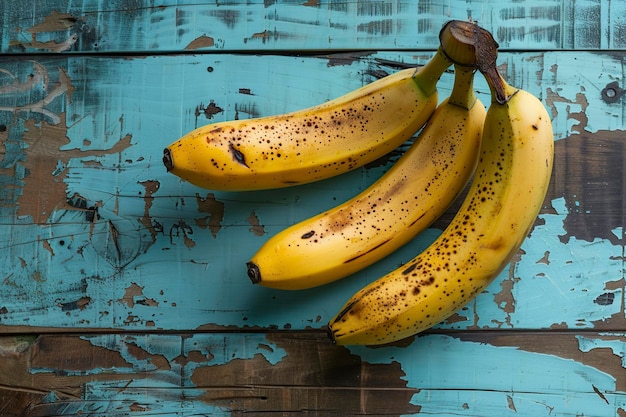 Bunch of Bananas on Blue Wooden Table