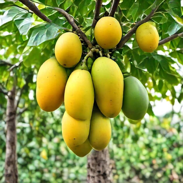 Photo a bunch of bananas hanging from a tree with a green leaf