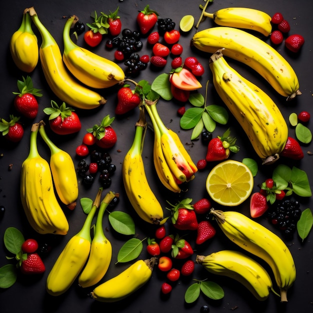 A bunch of bananas and other fruits including bananas, blackberries, and lemons.