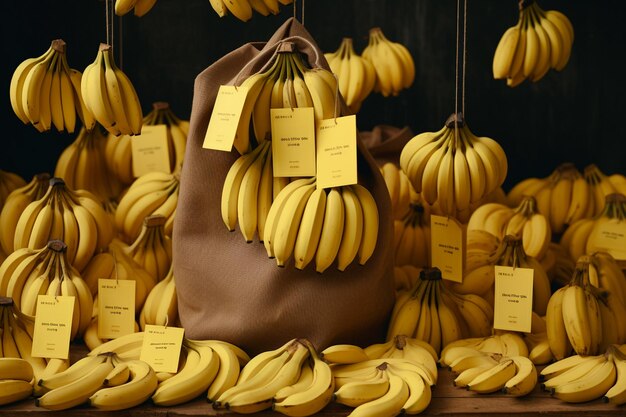 Bunch of bananas in a paper bag on a wooden table