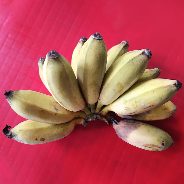 Bunch of bananas on a red background top view