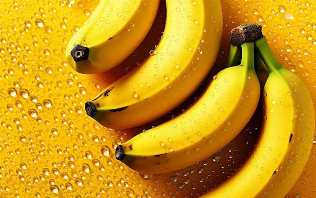 A bunch of bananas that are yellow and has water drops on them