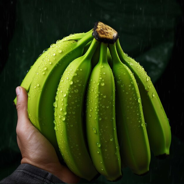 Гроздь бананов в брызгах воды изолирована на зеленом фоне