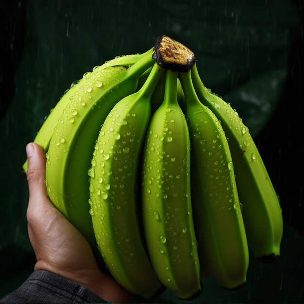 Bunch of bananas in water splash isolated on green background