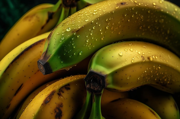 A bunch of bananas with water droplets on them