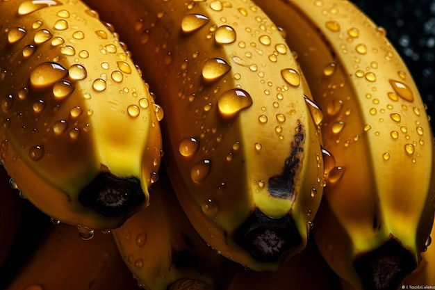 A bunch of bananas with water droplets on them