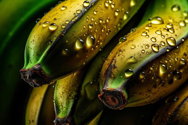 A bunch of bananas with water droplets on them