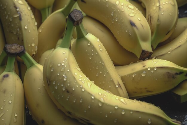 A bunch of bananas with water droplets on them