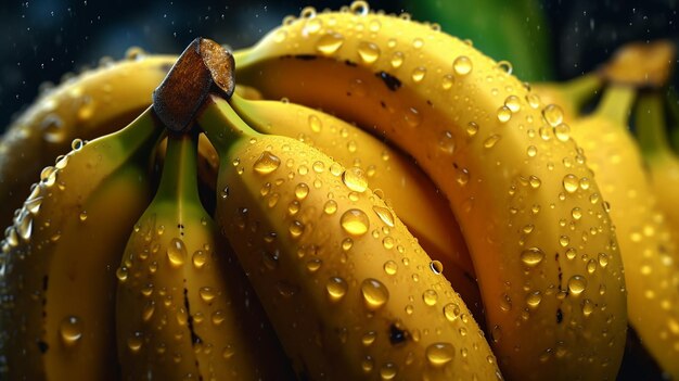 a bunch of bananas with water drops on them