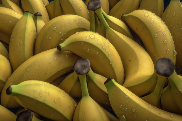 A bunch of bananas with water drops on them