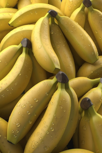 A bunch of bananas with water drops on them