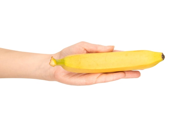 白い背景で隔離の女性の手でバナナの束