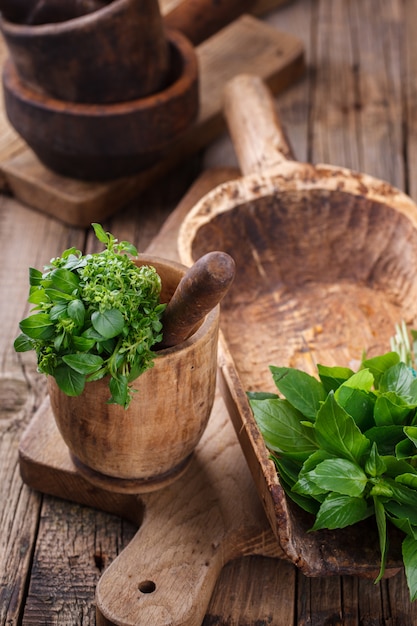 A bunch of Basil in an old bowl. Wooden old kitchenware