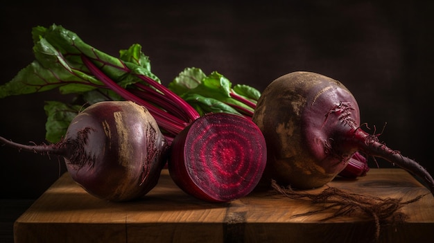 A bunch of beets on a wooden table