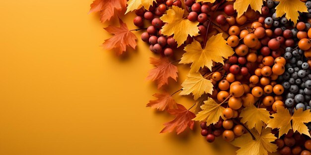 A bunch of berries with yellow leaves on a yellow background