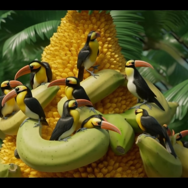 Photo a bunch of birds are sitting on a banana.