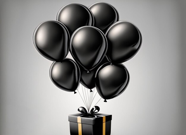 bunch of black balloons with gift box red