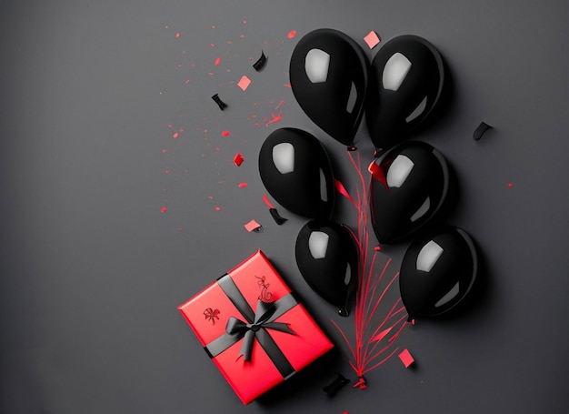 Bunch of black balloons with red gift box isolated on black friday concept white