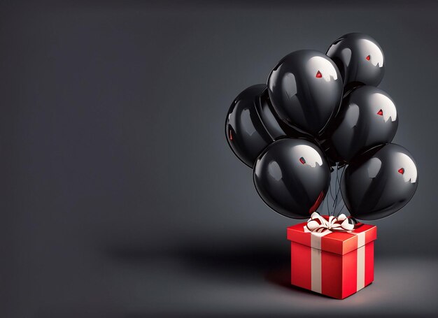 bunch of black balloons with red gift box isolated on black Friday concept white