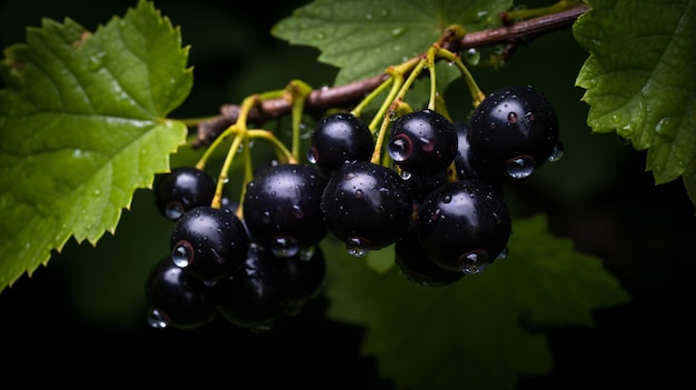 a bunch of black berries hanging from a tree