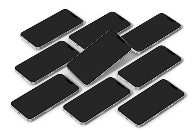 A bunch of black cell phones are arranged in a row.