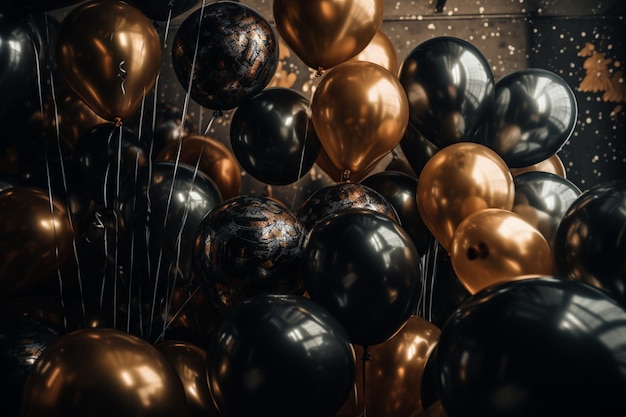 A bunch of black and gold balloons with a black background