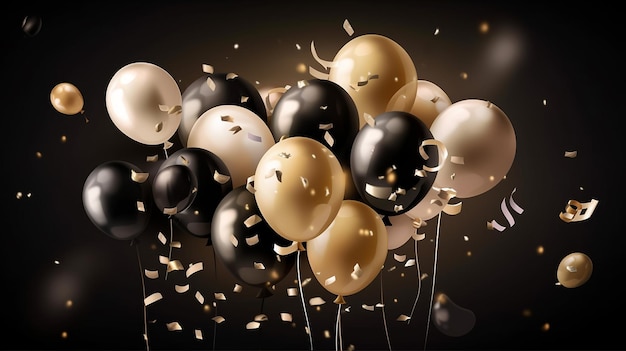 A bunch of black and gold balloons with confetti in the air.