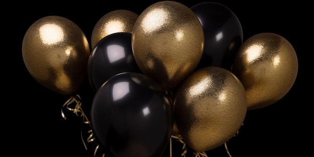 A bunch of black and gold balloons with gold and black ribbons