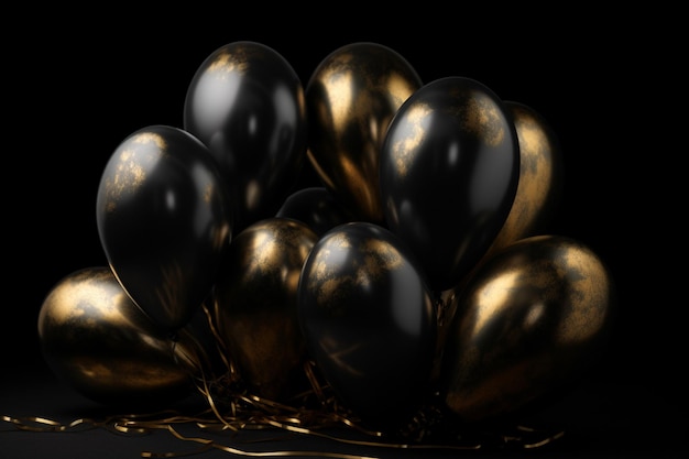 A bunch of black and gold balloons with gold paint on them.