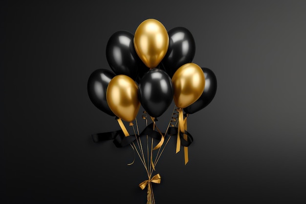 A bunch of black and gold balloons with a ribbon