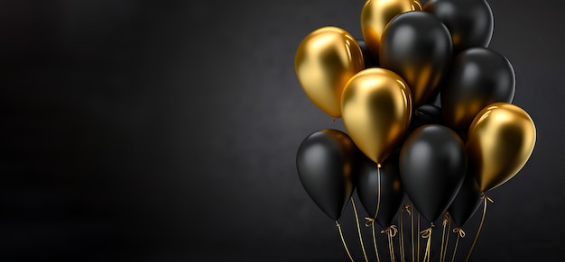 Bunch black and golden balloons on dark background Party decoration Generative AI