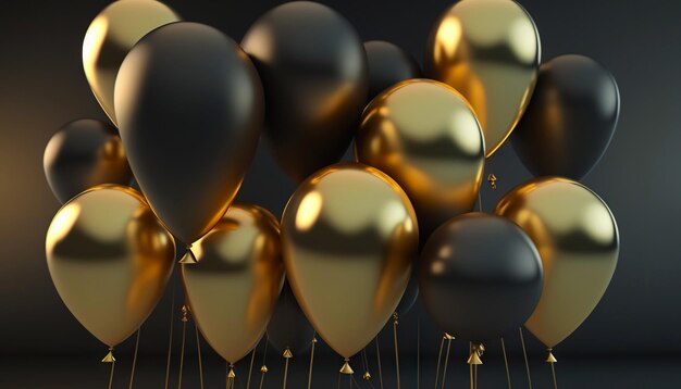 Bunch black and golden balloons on dark background Party decoration Generative AI
